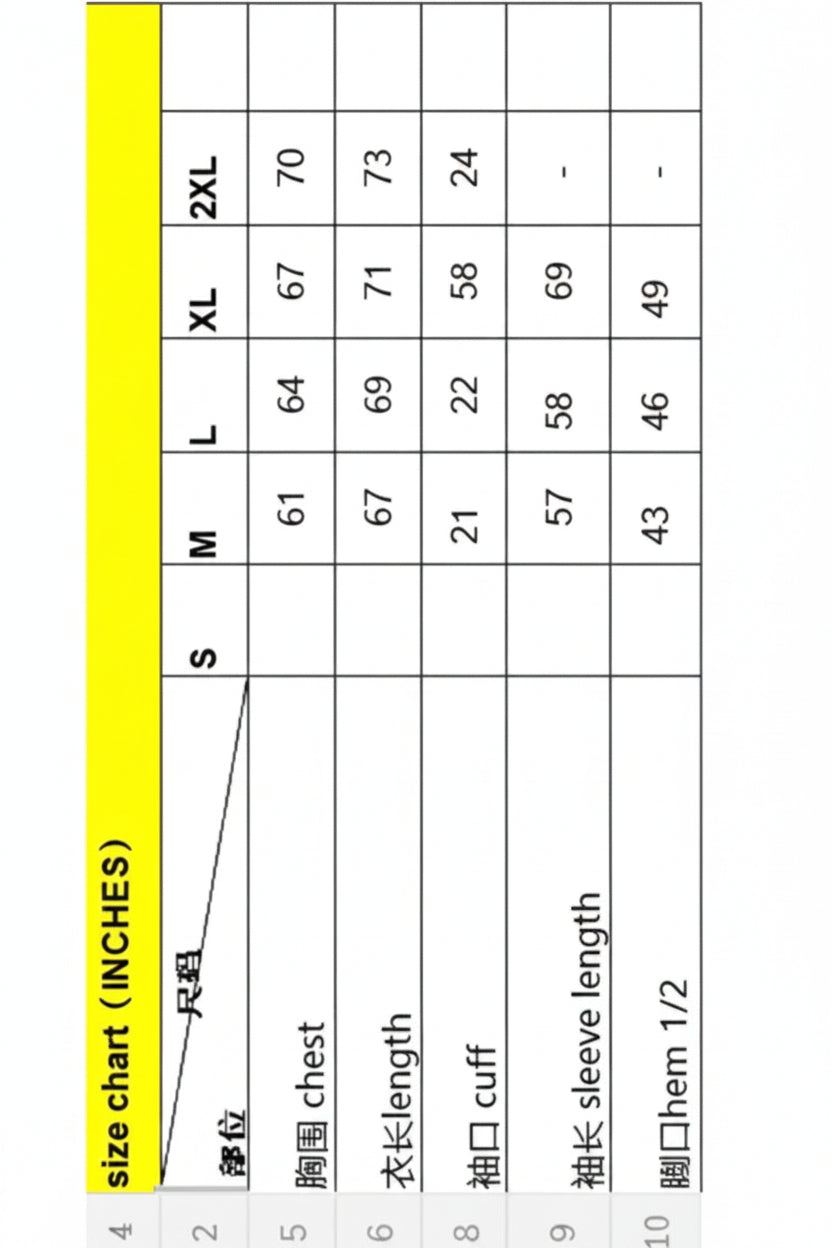 Size chart for clothing measurements in inches with a yellow border.